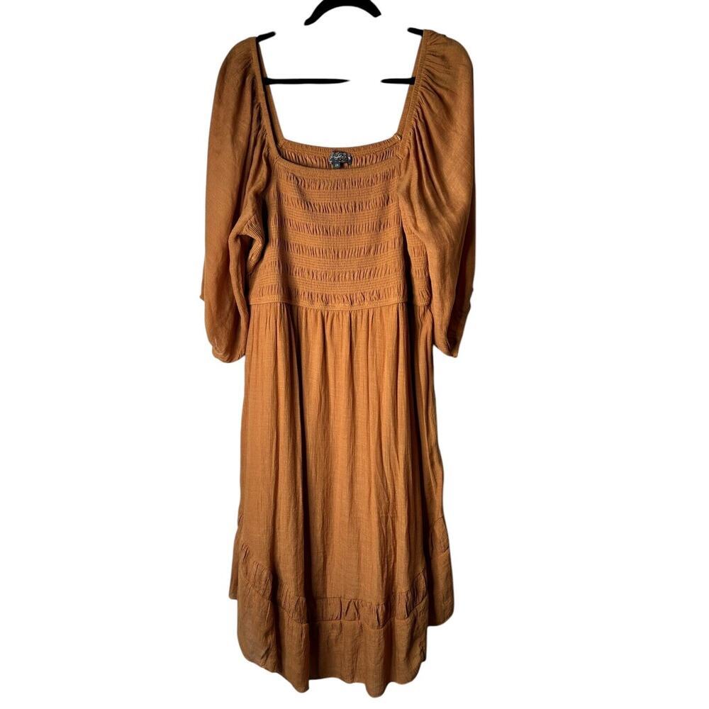 J Gee‎ Dress Women’s Size 2X Terracotta Peasant Boho Tiered Puff Sleeves Smocked